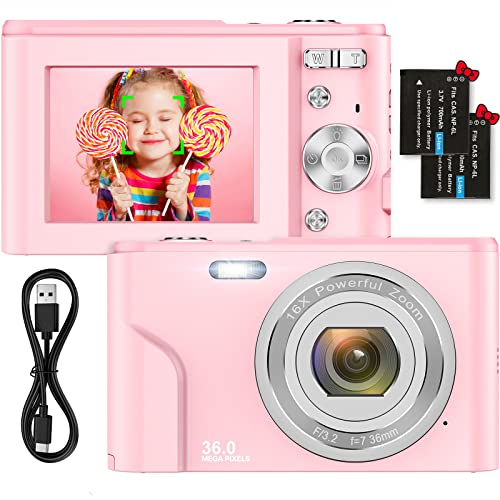 Digitalkamera 1080P HD Kompaktkamera 36 Megapixel Mini-Videokamera 2,4" LCD Digitalkamera wiederaufladbare Fotokamera mit 16X Digitalzoom für Studenten/Erwachsene/Kinder/Anfänger(Rosa)