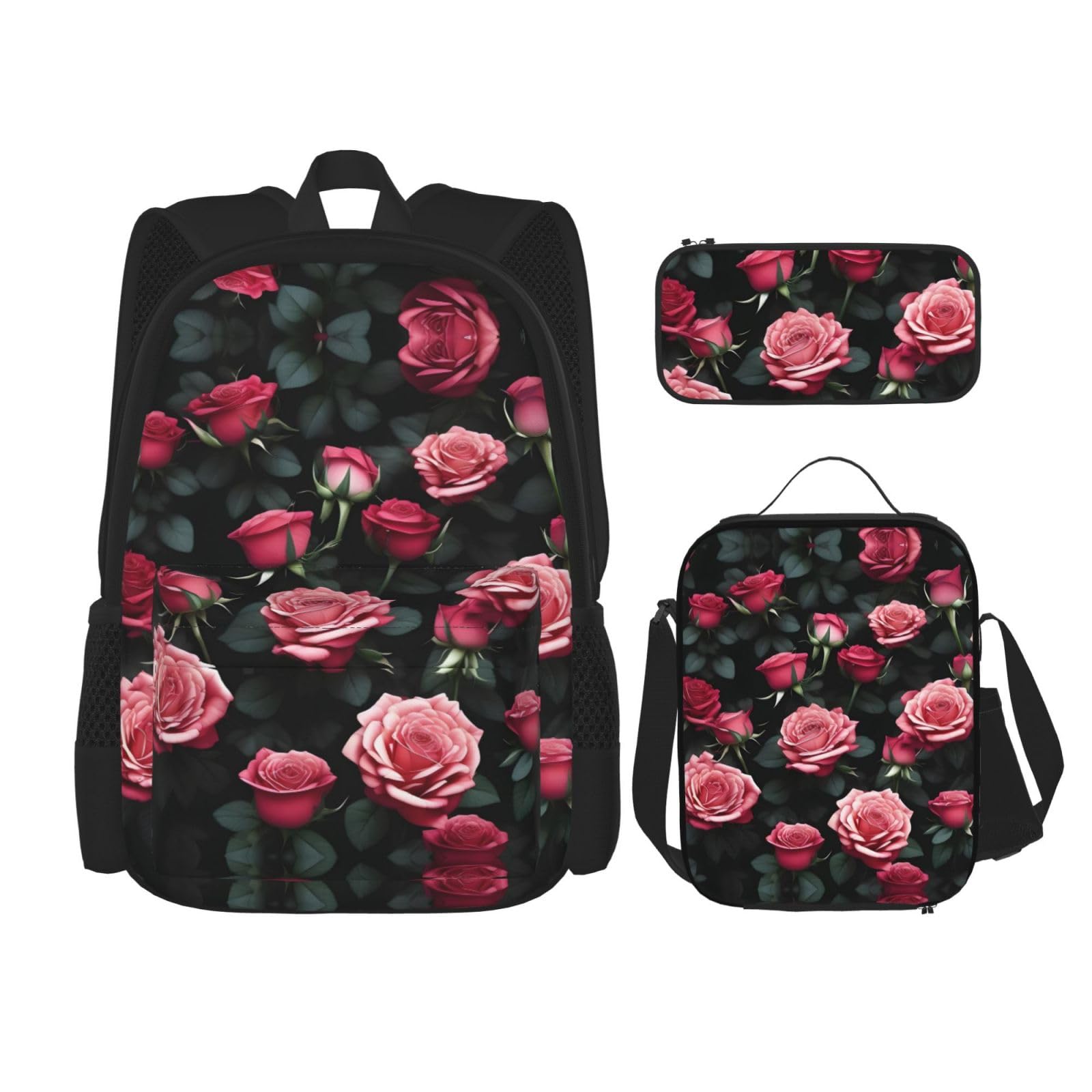 WURTON Rose Flower Of Many Print Travel Lunch Box Pencil Case Backpack Set 3 Pieces Adjustable Straps Lightweight, Schwarz, Einheitsgröße