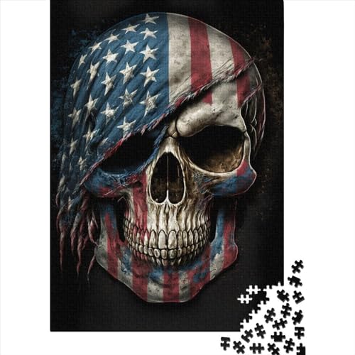 Totenkopf mit amerikanischer Flagge, Puzzle für Erwachsene, 1000 Teile, schwieriges Puzzle, Holzpuzzle für Erwachsene und Teenager, 75 x 50 cm