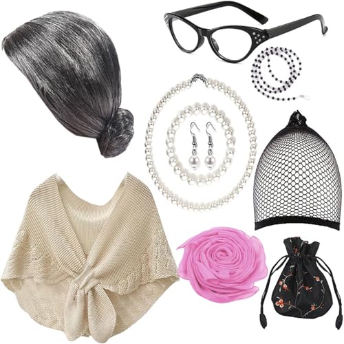 Ranuw Alte Dame Kostüm Set Graue Perücken Künstliche Ohrringe Brille Frauen Alte Dame Rollenspiel Dress Up Zubehör Cosplay Kostüm Anzug