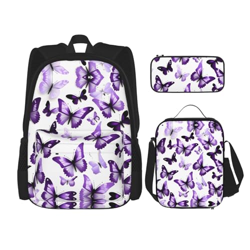 YQxwJL 3-in-1-Rucksack-Büchertaschen-Set, weiß-violette Schmetterlinge, lässiger Reiserucksack, mit Federmäppchen, Lunchtasche