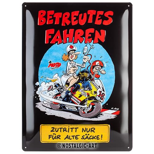 Nostalgic-Art Retro Blechschild MOTOmania – Betreutes Fahren – Geschenk-Idee für Motorrad-Fans, aus Metall, Vintage-Design zur Dekoration, 30 x 40 cm