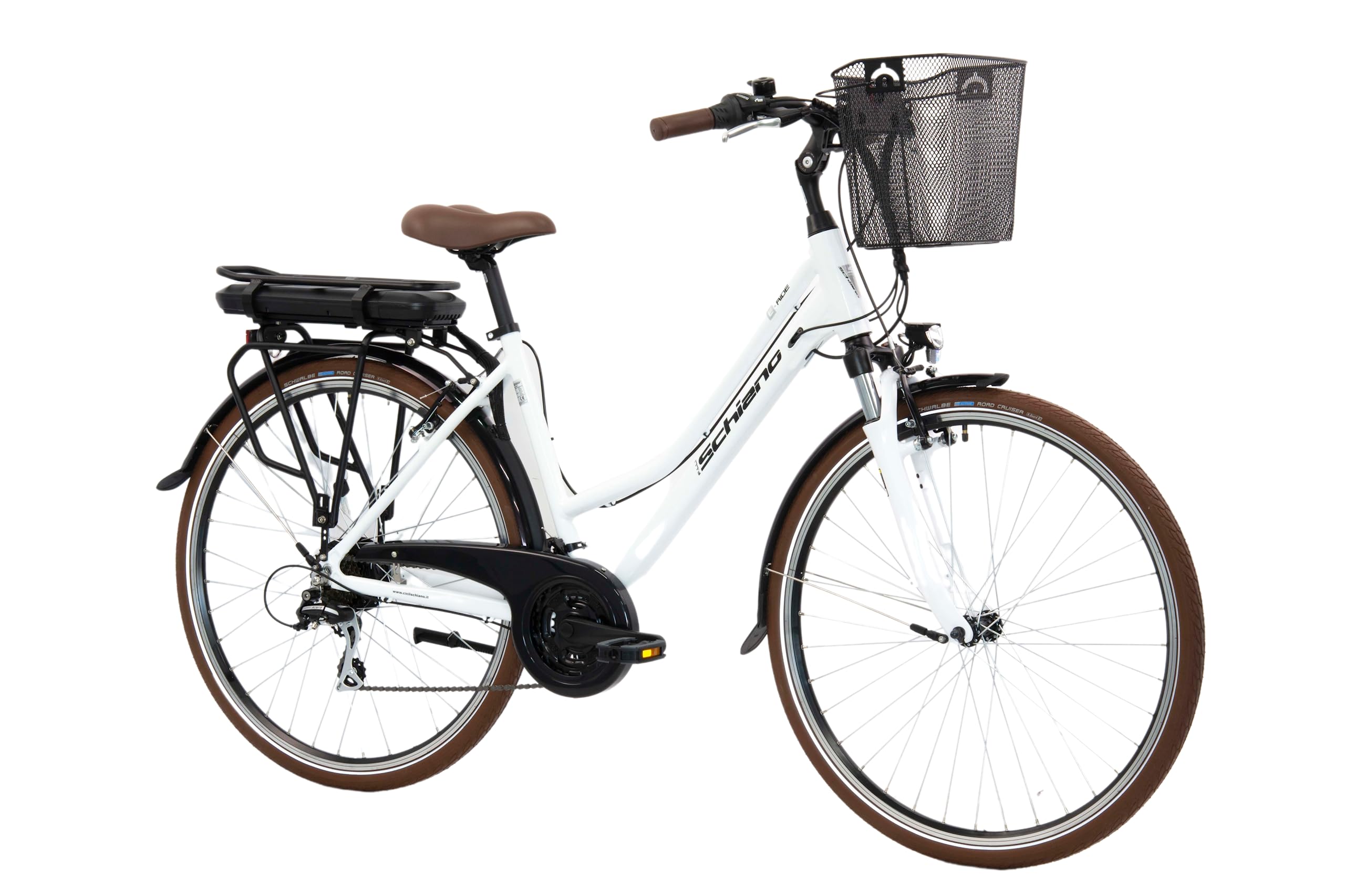 F.lli Schiano E-Ride 28 Zoll City E-Bike, Elektrofahrrad für Damen Herren, Pedelec mit 250W Motor, Shimano 21-Gang-Getriebe, in Weiss mit Korb, Weiß