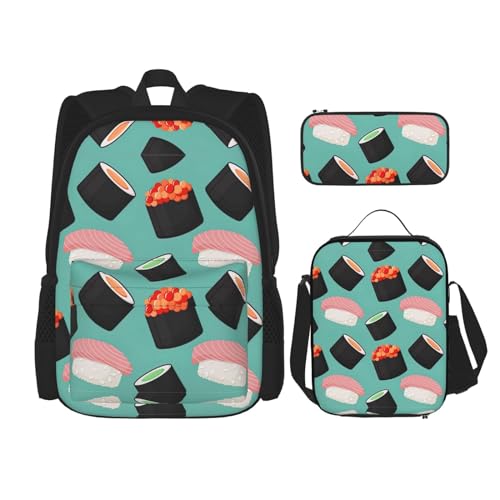 WURTON Sushi-Essen-Muster, 3-in-1-Büchertaschen-Set, verstellbarer Schulter-Rucksack, Lunch-Tasche, Federmäppchen, Beutelbox