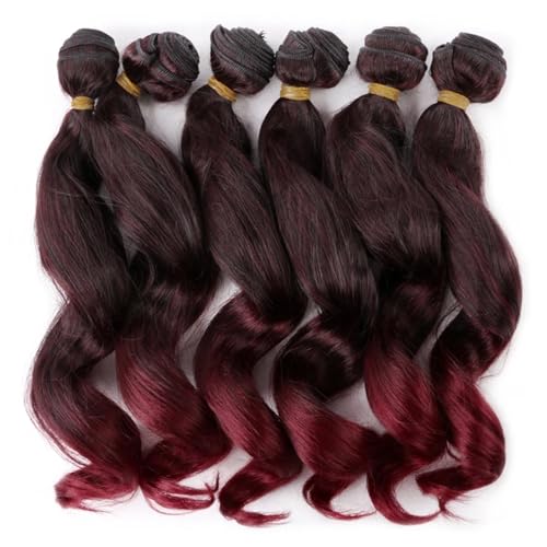 Human Hair Bundles 14/18 Zoll Synthetische Ombre Lockige Webart Bundles Haar 6 Teile/los Natur Braun Farbe Wellenförmige Bundles Haarverlängerungen human hair weave (Size : 6 pcs, Color : T1B/BURGUN