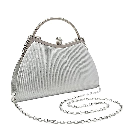 ohodhmnu Damen Tragetasche, Abendtasche, formelle Dame Geldbörse, elegante Party, Bankett, Hochzeit, Clutches Taschen, Handtasche, plissiert, Schultertasche mit Kette, silber, with ribbon