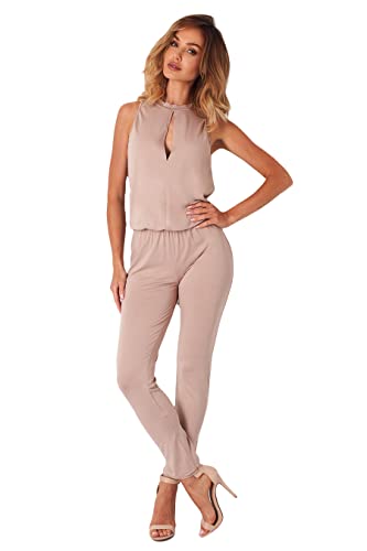 Lemoniade stylischer Jumpsuit Made in EU mit V-Ausschnitt und raffinierten Details (M, Cappuccino Neckholder)