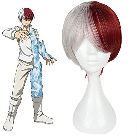 LINLINCD-Anime Coser Wig My Hero Academia Cosplay Weiß and Red Mix Wig Shoto Todoroki Boku No Hiro Akademia Shouto Heado Perücke Kostüm Kurz