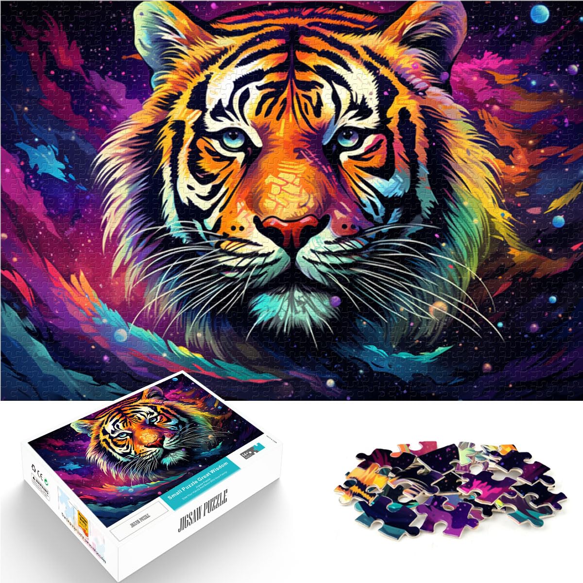 Puzzle für Tiger in farbenfroher Galaxie, 1000 Teile, Puzzle für Erwachsene, Holzpuzzle, ganze Familie, 1000 Teile (50 x 75 cm)