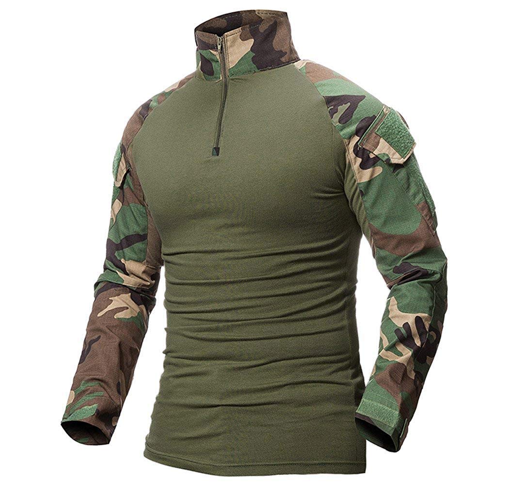 ShallGood Herren Hemden Kampfsport Militär Airsoft BDU Shirt Camouflage Uniform Taktik Schnell trocknend mit Taschen Ellbogenschützer Langarm Hemd Multicam Gr. S, C. Grün.