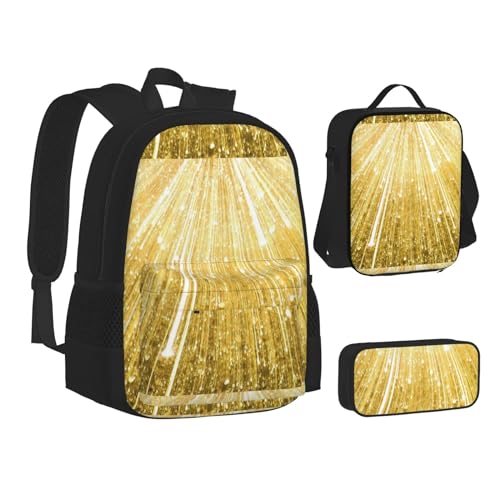 WURTON Teen Rucksack mit goldfarbenem Glitzer-Aufdruck, 3-in-1 (Federmäppchen + Schultasche + Lunchtasche)