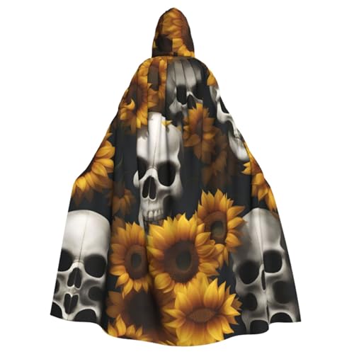 YQxwJL Halloween-Umhang mit Sonnenblumen-Motiv, Totenkopf-Druck, für Herren, mit Kapuze, Renaissance-Umhang für Erwachsene, Cosplay, Hexenumhang