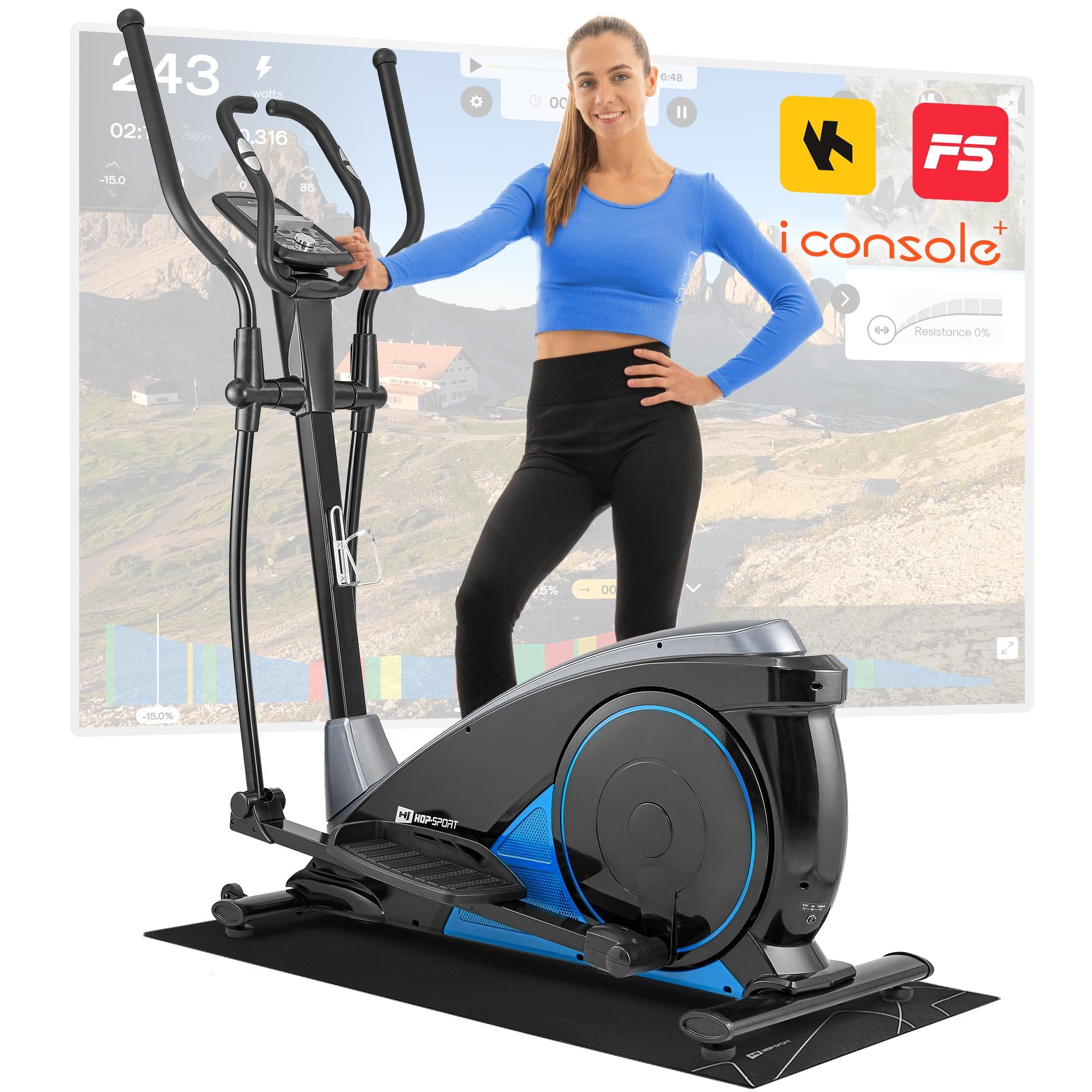 Hop-Sport HS-060C Ellipsentrainer Ergometer - Crosstrainer für Zuhause mit App-Steuerung, HRC-Funktion, 16 Widerstandsstufen - Elliptical Trainer max. Benutzergewicht 150 kg blau