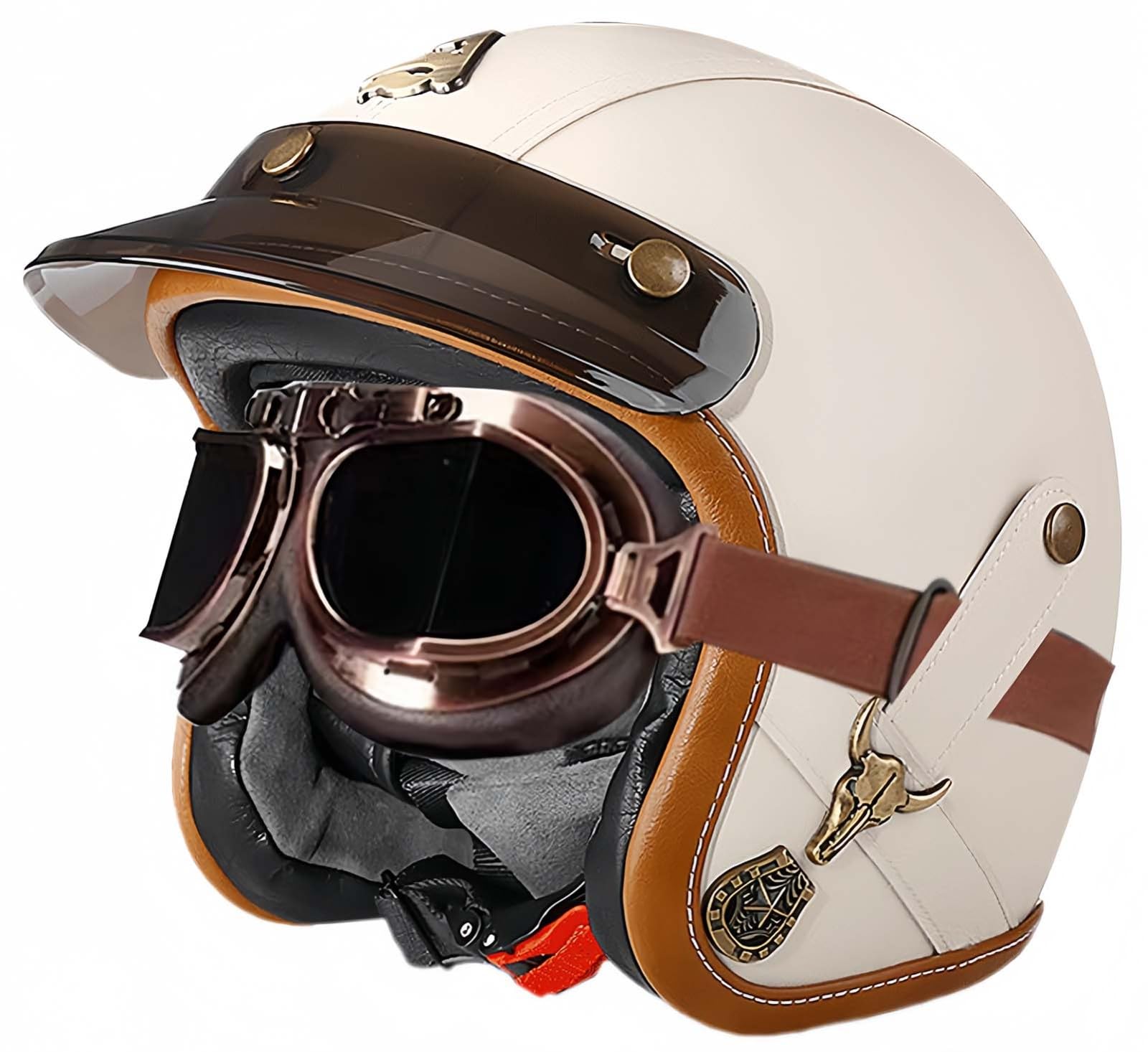 3/4 Vintage-Helm, Retro-Motorradhelm, Erwachsenenhelm, Halbhelm, ECE-Geprüfter Vintage-Helm Für Damen Und Herren, Mit Offener Schutzbrille, Moped-Helm H,M54-56CM