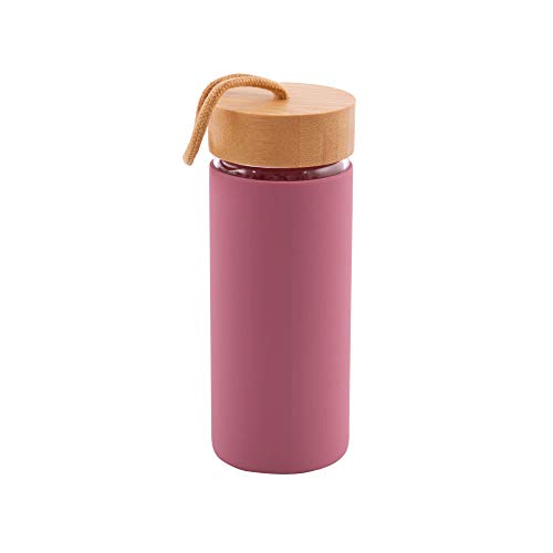 Point-Virgule Trinkflasche aus borosilikat Glas mit lecksichere Bambus-Kappe und Tragegurt, Wiederverwendbare wasserflasche fur unterwegs, 450 ml, Rosa