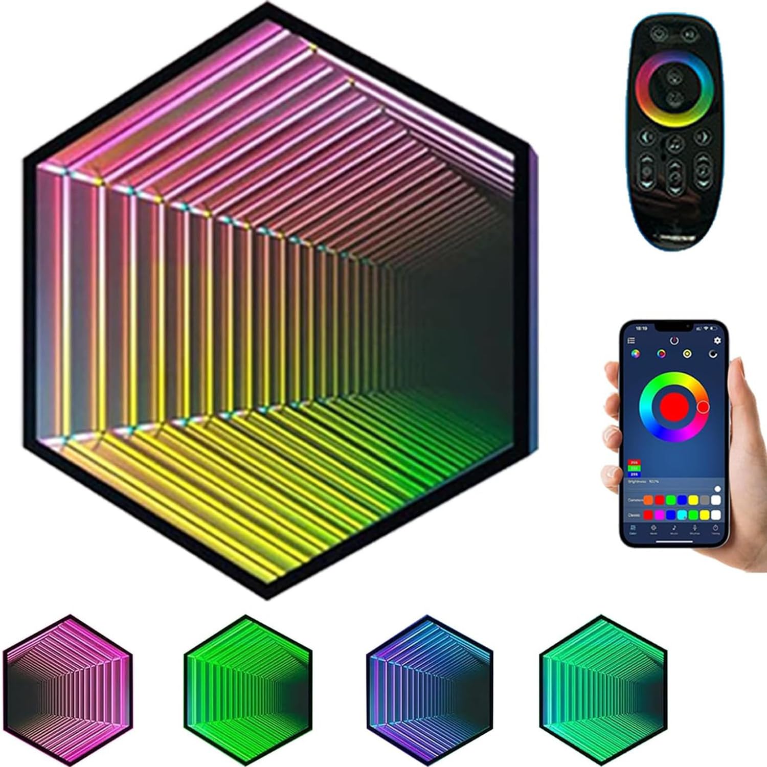 Qiang Infinity-Spiegel sensorisches Tunnel-Nachtlicht LED-Infinity-Spiegel-Wandlampe,Geometrischer RGB-Farbwechsel Wanddekoration,Magische 3D-Tunnelbeleuchtung,Hexagon-70cm