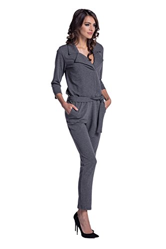 Lemoniade eleganter Jumpsuit mit 3/4-Ärmel, elegantem Kragen und ausgefallener Schnürung an der Hüfte (L (40), Modell 2 Dunkelgrau)