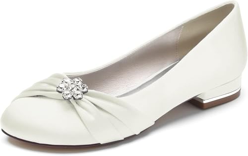 Satin-Hochzeitskleid-Schuhe für die Braut, Flache Schuhe, Spitze Zehenpartie, geschlossene Zehenpartie, Brautschuhe für die Hochzeit, Sandalen für Damen, Flache Sandalen, Elfenbein, 8 UK