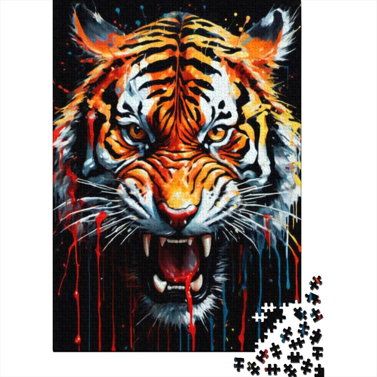 Tropfende Farbe, Tiger-Kunst, Holzpuzzle, Puzzle für Erwachsene und Teenager, 1000 Teile, Puzzle für Erwachsene, Puzzle für Familienaktivitäten (Größe 29,53 x 19,69 Zoll)