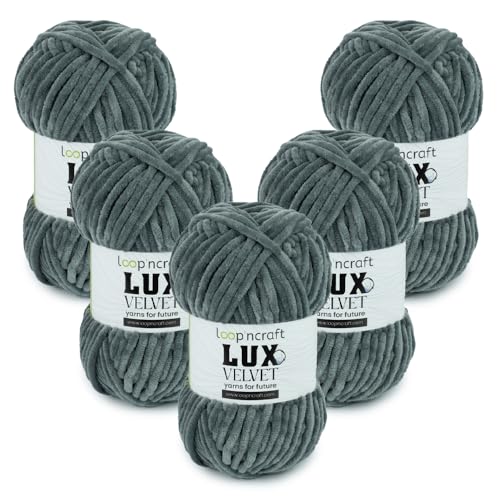 Chenille Wolle 5er-Set, Schiefergrau, Loopncraft, 5 X 100g, Lux Velvet, Super Weiches Samtgarn