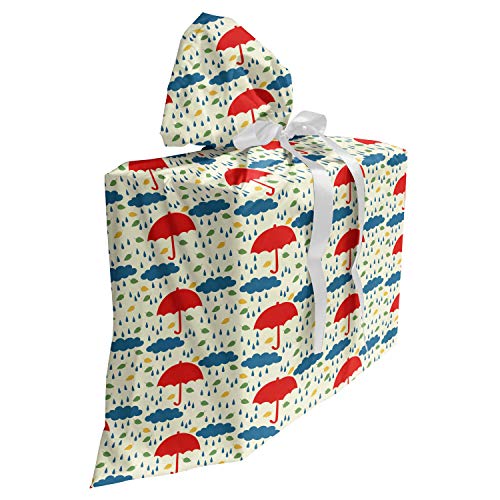 ABAKUHAUS Regen Baby Shower Geschänksverpackung aus Stoff, Childish Herbst Tropfen Regenschirme, 3x Bändern Wiederbenutzbar, 70 x 80 cm, Creme Multicolor