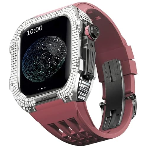 TONECY Mod-Kit für Apple Watch Serie 8 7, 45 mm, Gehäuse aus Titanlegierung und Gummiband für iWatch 45 mm, Ersatz-Uhrenarmband, Zubehör (Farbe: Dunkelrot 8, Größe: 45 mm)