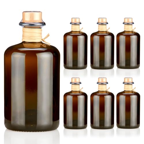 6x Apothekerflaschen 500ml braun schwarz leer Profiset komplett mit edlen Echtholzkorken natur Flaschenkapseln & Bast Band Geschenk Braunglas Flaschen 0,5 L für Öl, Gin, Kräuter Schnaps uvm.