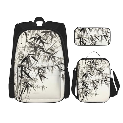 DENMER Mehrzweck-Schulranzen mit passendem Federmäppchen und Lunchtasche, Set - Ihre stilvolle All-in-One-Lösung, Chinesische Kalligraphie mit Bambusbaum-Motiv, Einheitsgröße