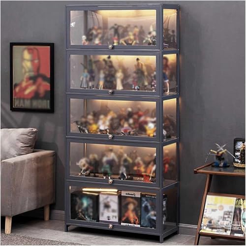 Graue Vitrine, Curio-Schrank mit Acryltüren, Vitrine, Vitrine für Figuren und Curio-Sammlung, Moderne, minimalistische Vitrine mit Klapptür, Curio-Schrank, bodenstehendes Bücherregal, 80 x 3