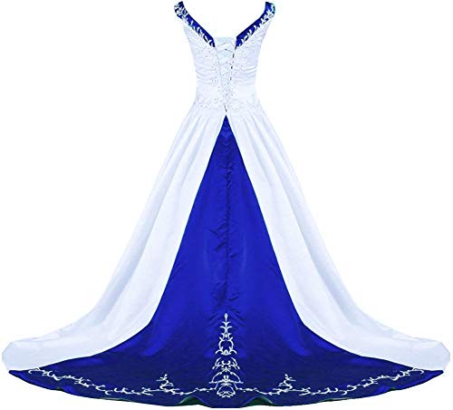 Zorayi Damen V-Ausschnitt Kapelle-Schleppe Perlen Stickerei Satin Hochzeitskleid Brautkleider Weiß & Blau Größe 48