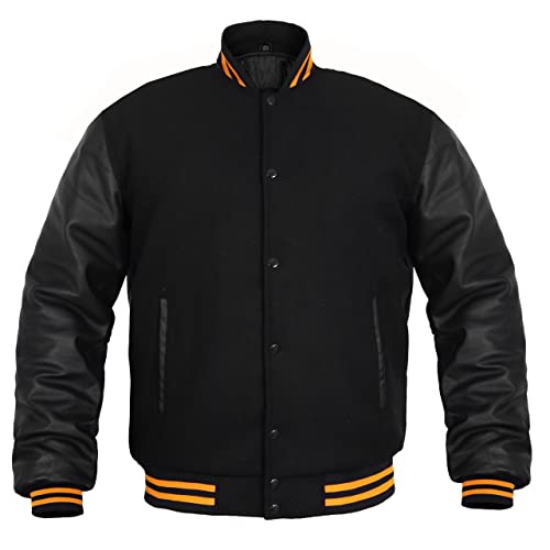 Herren Varsity Jacke Echtes Leder Ärmel und Wollmischung Letterman Jungen College Varsity Jacken XS-5XL, Schwarz (gelbes Futter), M