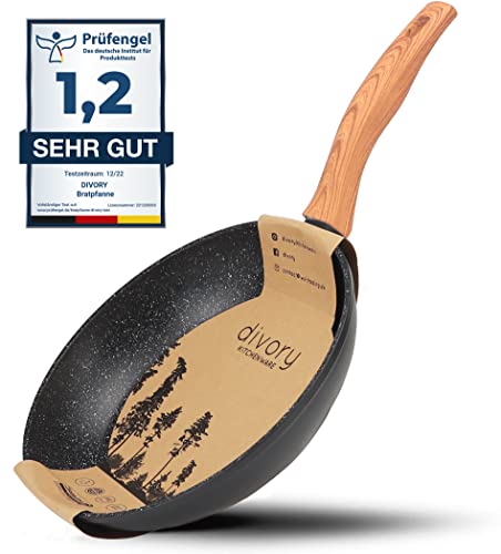 DIVORY Bratpfanne 32cm Induktion – Antihaft Beschichtete große Universalpfanne für alle Herdarten - Sichere Griffe, Spülmaschinen geeignet (Helles Holz, 32cm)