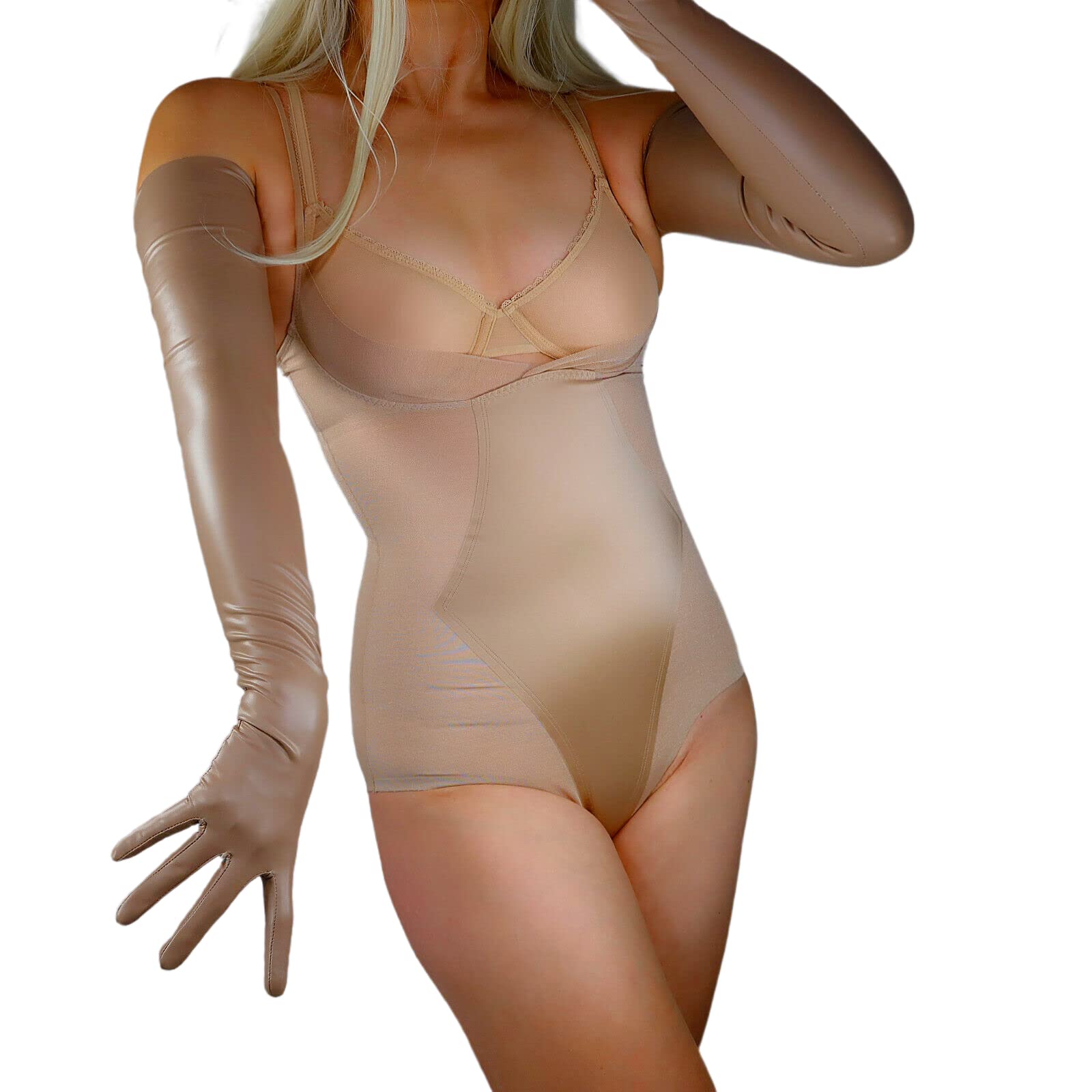 DooWay Lange Latex-Handschuhe für Damen, 70 cm, Stretch, 2. Haut, Kunstgummi, Halloween-Kostüm, Nachtclub, Party, Handschuhe, Matt Nude, 38