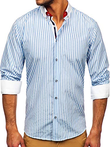 BOLF Herren Hemd Langarm Streifenhemd Freizeithemd Hemdbluse Langarmhemd Elegant Business Party Bügelleicht Farbwahl Classic Basic Slim Fit Casual Style 20727 Hellblau XL [2B2]