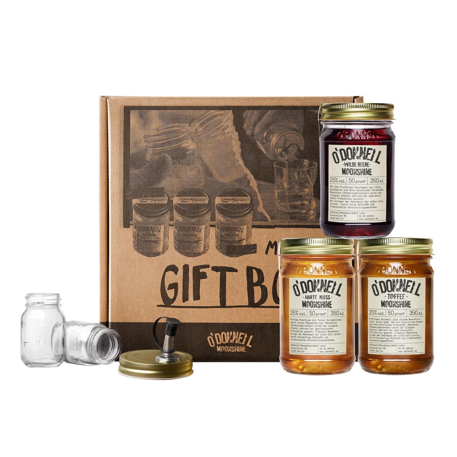 O'Donnell Moonshine Geschenkbox | Geschenkidee | 3 x 350ml | 2 x Shotgläser + Ausgießer | Premium Schnaps | Likör | vegan | natürliche Zutaten | (Harte Nuss/Toffee/Wilde Beere)