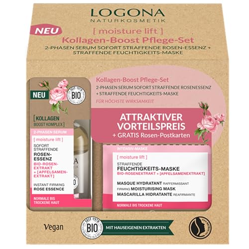 LOGONA Naturkosmetik Kollagen Boost Pflegeset - Straffende Rosen-Essenz 2-Phasen Serum & Feuchtigkeitsmaske mit Bio-Rosenextrakt und Kollagen, Vegane Pflege für ein glatteres Erscheinungsbild