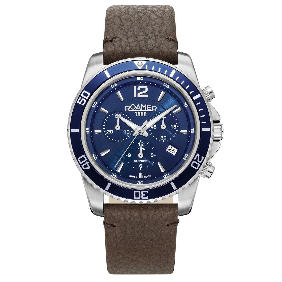 Roamer Nautic Chrono 100 analoge Quarzuhr Leder 862837, Silber/Blau/Blau -862837 41 45 02, Gurt