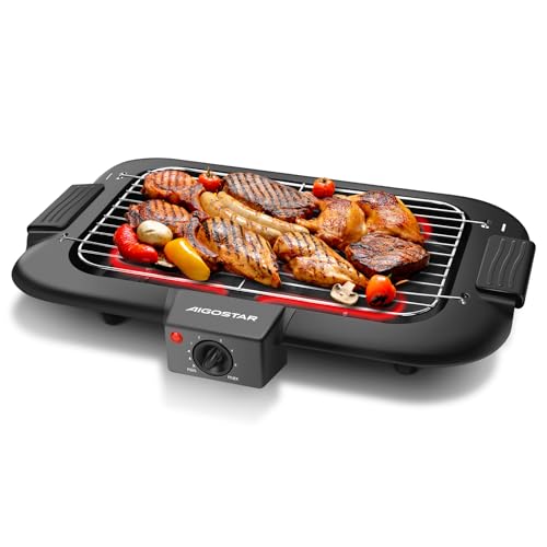 Aigostar Rauchfreier Tischgrill Barbecue Elektrogrill Elektrischer BBQ Grill 2000 Watt Antihaftbeschichtete Grillfläche 36 x 21cm, Abnehmbarer Fettauffangschale, Thermostat, Schwarz.