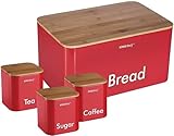 Kinghoff Brotkiste und Zucker, Coffee, Tee Behaltern aus Holz und Edelstahl KH- 1085 (ROT)