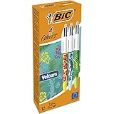 BIC 4 Farben Kugelschreiber Set 4 Colours Velours, mit samtiger Oberfläche in Dschungelmotiven, 12er Pack, Ideal für das Büro, das Home Office oder die Schule