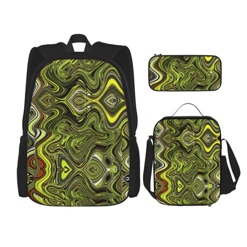 WURTON Schulrucksack-Set mit abstraktem grünen Schlangen-Druck, 3-in-1-Büchertaschen-Set mit Lunchbox, Federmäppchen, Reise-Laptop-Tagesrucksäcke