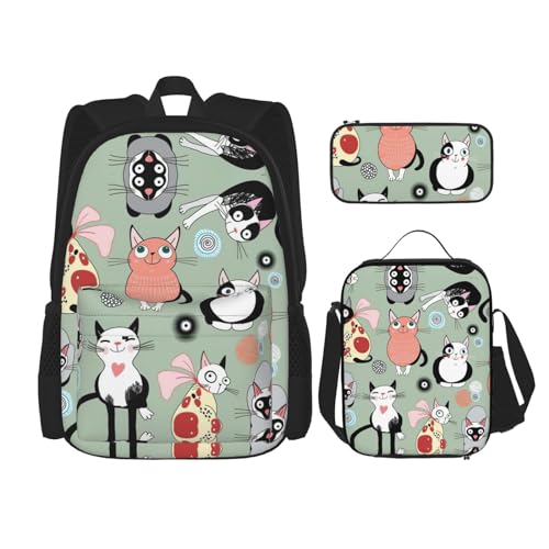 WURTON Niedliches Cartoon-Katzen-Druck, verstellbare Schultergurte, Rucksack-Set, Lunch-Tasche, Federmäppchen, Kombinationstaschen-Set