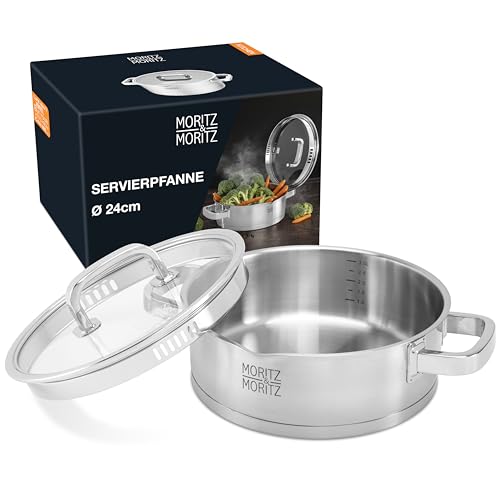 Moritz & Moritz Servierpfanne 24 cm mit Sieb im Deckel – Für alle Herdarten geeignet – Skala bis 3L – Ideal zum Braten, Schmoren und Servieren