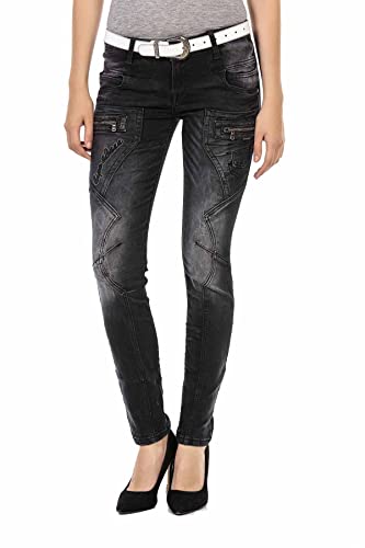 Cipo & Baxx Damen Slim Fit Jeanshose Ausgefallen Freizeit Hose Reißverschluss WD437 Schwarz W31 L32