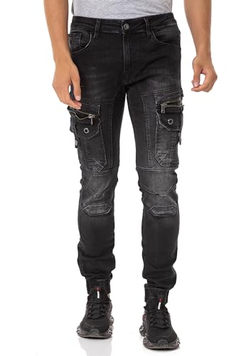 Cipo & Baxx Herren Jeanshose Cargotaschen Freizeithose Denim Reißverschluss Baumwolle Hose CD845 Schwarz W31 L32