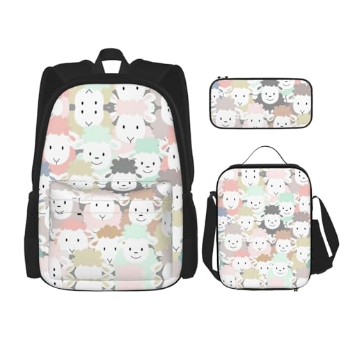 WURTON Niedliches buntes Schaf, Cartoon-Muster, Schulterrucksack, 3-in-1, Büchertaschen-Set, Lunchbox, Federmäppchen, Reise-Laptop-Tagesrucksäcke