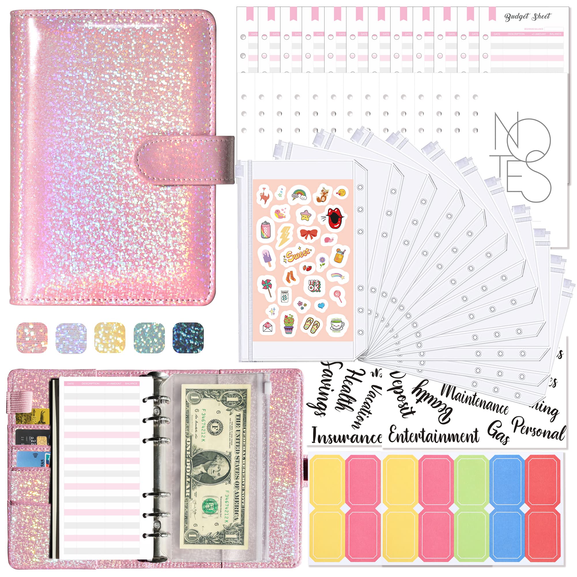 Budget Planner, A6 Budget Binder, Bugetplaner Budget Binder sparbuch, 12 Binder Taschen, für Reisen,Tagebuch und Geschenk (Rosa)