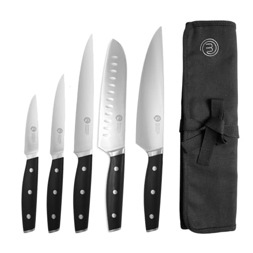 MasterChef Messer Set mit Canvas Messertasche/Rolltasche, Küchen Messerset ink. Kochmesser, Santokumesser, Gemüsemesser, Schälmesser & Schneidemesser, 5-teilig, Edelstahl mit hohem Kohlenstoffgehalt