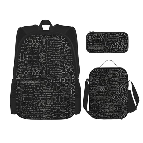 WURTON Abstrakte Wissenschaft Chemie Illustration 3D-Druck Schulter Rucksack 3 in 1 Büchertasche Set Lunchbox Federmäppchen Reise Laptop Tagesrucksäcke, Schwarz, Einheitsgröße