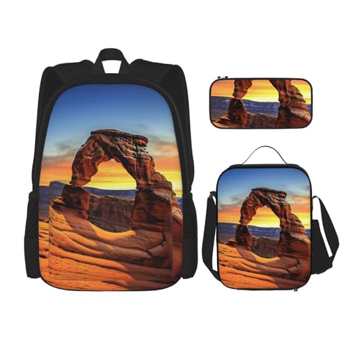 DENMER Mehrzweck-Schulranzen mit passendem Federmäppchen und Lunchtasche, Set - Ihre stilvolle All-in-One-Lösung, Arches National Park, Einheitsgröße